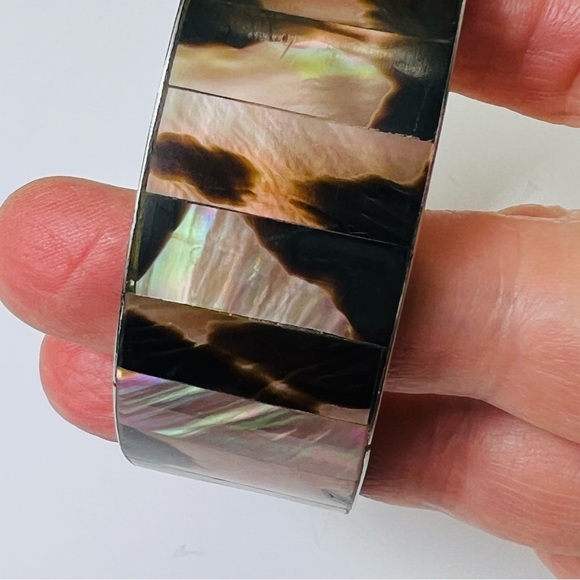 LUSTROUS ABALONE SHELL PANEL MEXICAN SILVER CUFF BANGLE BRACELET - Picture 4 of 10